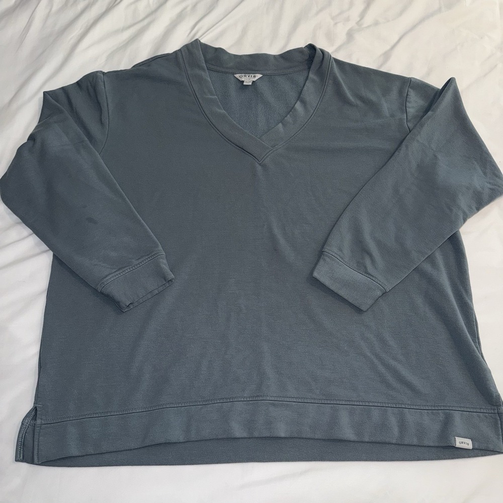 Orvis Classic Collection Womens XXL Slate Blue V-Neck Fleece Sweatshirt 1720418